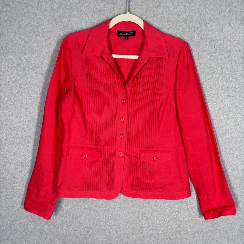 Jones New York 100% Linen Blazer Jacket 4P Red Orange Pintuck Utility Textured